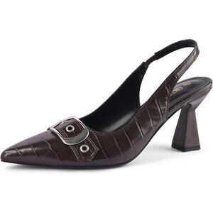 Burgundy Synthetic Women Kitten Heels Pointed Toe Pumps Dress Shoes with Buckle
